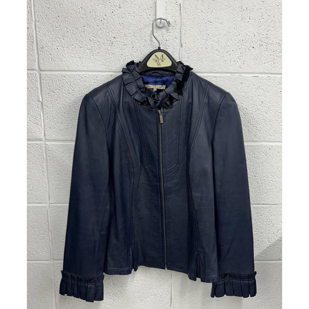 in SUEDE Fringe, Zip Up Blue Leather Jacket (M)